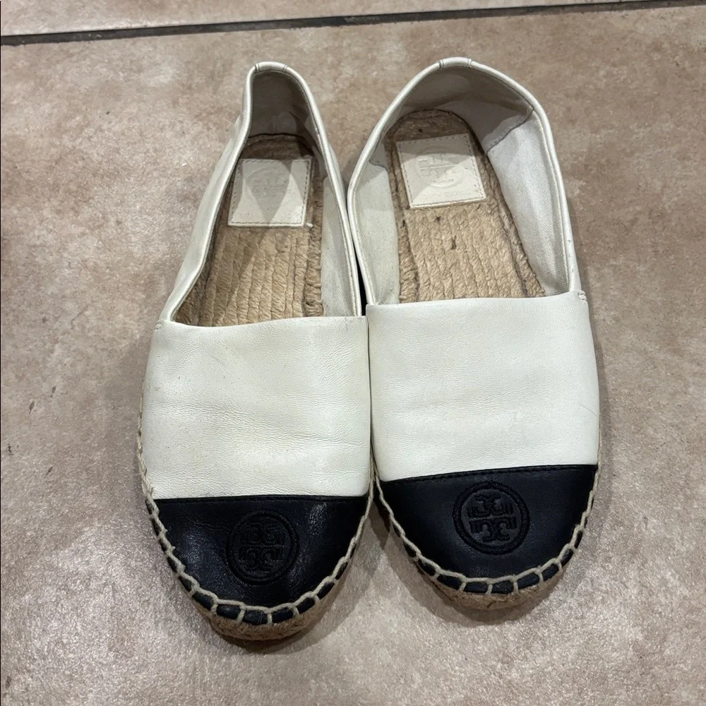 Tory Burch Dulce De Leche Black Leather Colorblock Espadrilles
